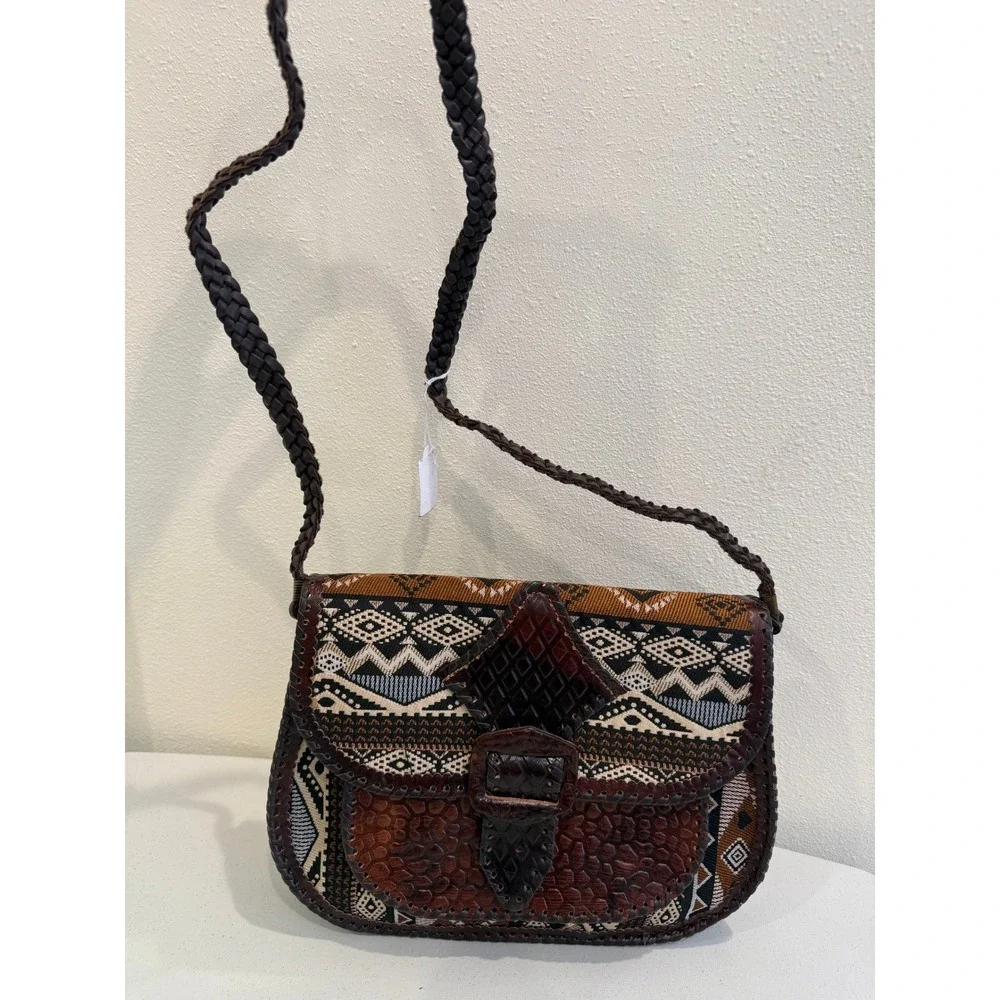 Artisan Tooled‎ Leather Woven Tapestry Crossbody Bag Boho Geometric Saddle Bag